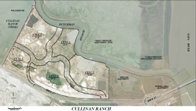 graphic illustration of a map of project cells of the Cullinan Ranch with the Napa River off to the side. 